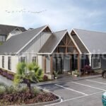 Modern commercial building exterior visualization with gable roof architecture, landscaped parking area, cars, and contemporary façade design — photorealistic exterior 3D rendering.