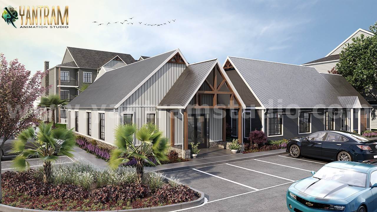 Photorealistic 3D rendering of modern residential villas with pitched roofs, landscaped parking area, and community greenery by Yantram Studio.