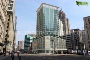 Modern Glass Office Tower 3D Exterior Rendering | Commercial Architectural Visualization Photorealistic 3D exterior rendering of a modern glass office tower with retail podium at a busy urban street intersection.