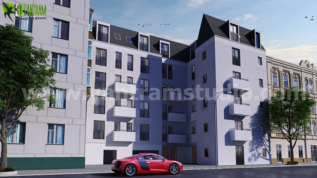 Modern multi-story residential apartment building 3D rendering with balconies, pitched roof design, urban street setting, and red sports car in front.