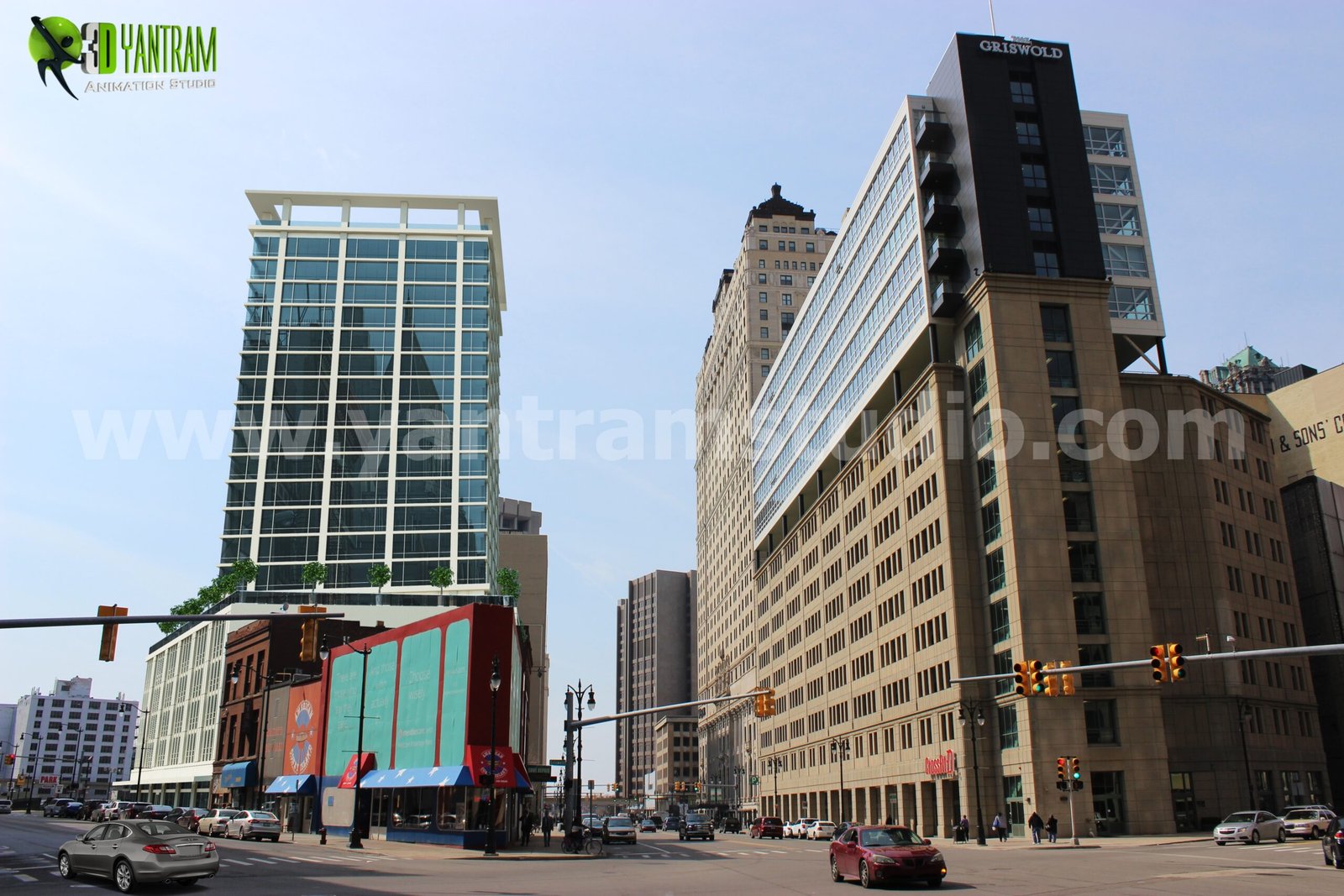 Urban commercial buildings street view with modern glass tower and historic architecture in city intersection– 3D rendering by Yantram Studio