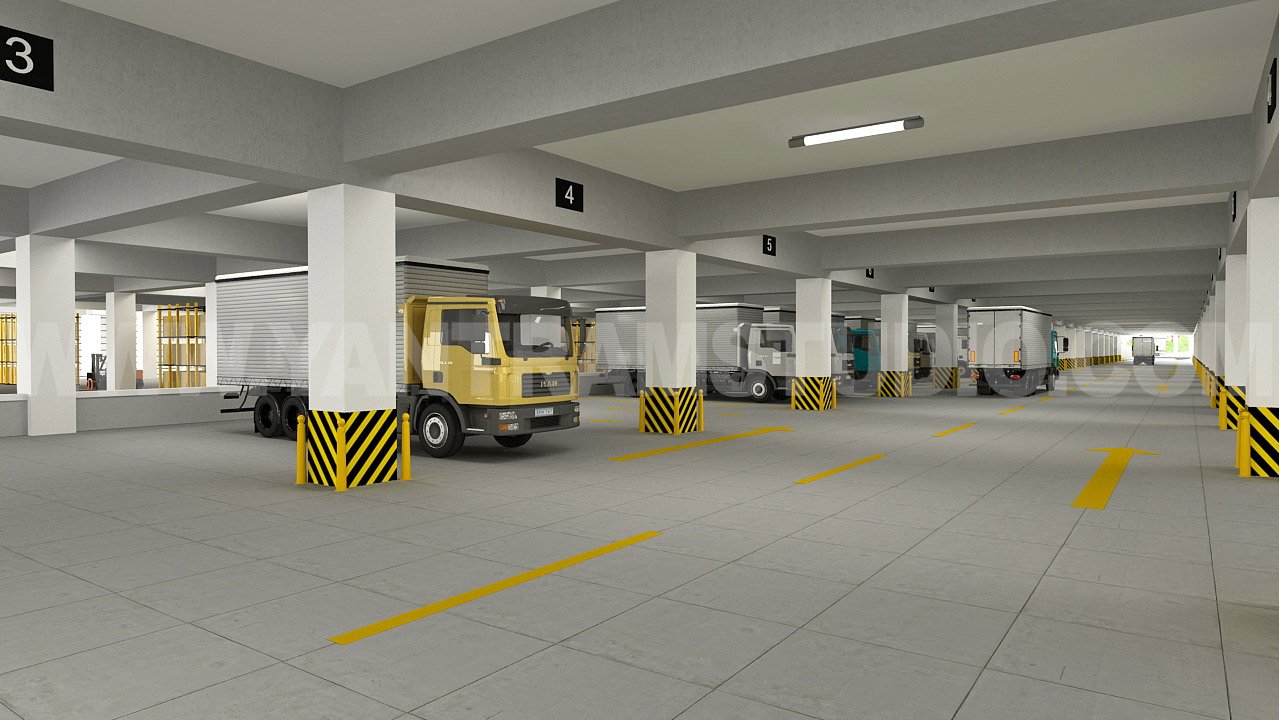 Photorealistic warehouse interior showing multiple truck loading bays, concrete columns with black and yellow safety markings, parked delivery trucks, overhead lighting, and clearly marked vehicle lanes.