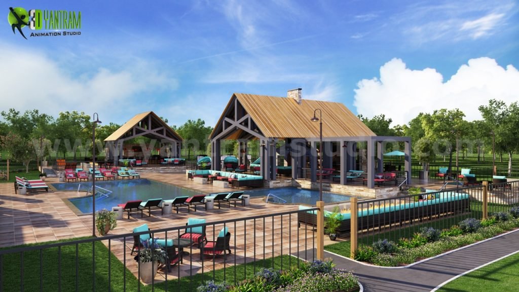 Modern Community Pool & Pavilion Area – 3D Architectural Visualization 3D architectural rendering of a modern community swimming pool area with pavilion structures, lounge seating, and landscaped outdoor recreation space.