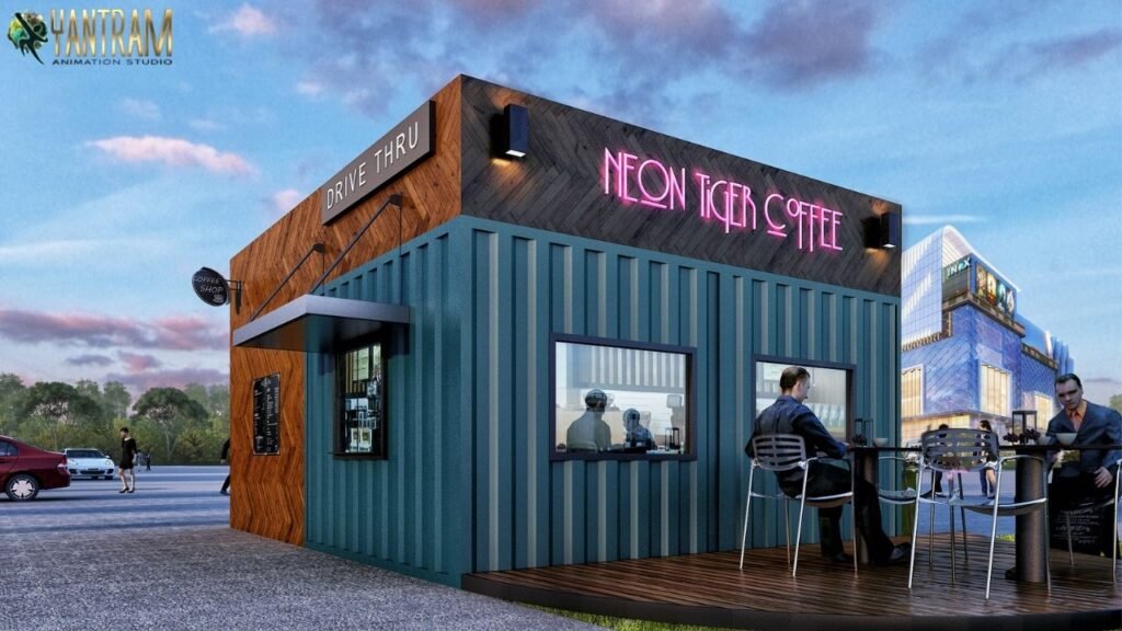 Contemporary Container Café Design – 3D Exterior Architectural Visualization Modern container-style café exterior with neon signage, outdoor seating, and industrial design in an urban setting.