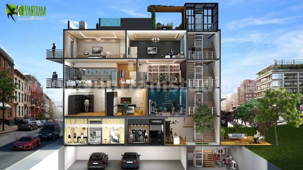 architectural, rendering, studio, animation, visualization, services, design, Idea, floor plan, commercial, office, ground floor, company, modeling, retail, shop, shopping center, shopping mall, 6000 sq ft, 4 floor