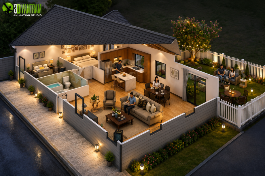 architectural, rendering, studio, visualization, services, design, Idea, floor plan, residential, home, apartment, villa, bungalow, second floor, 1500 sq ft, 2 bedroom, kitchen, living room, modeling
