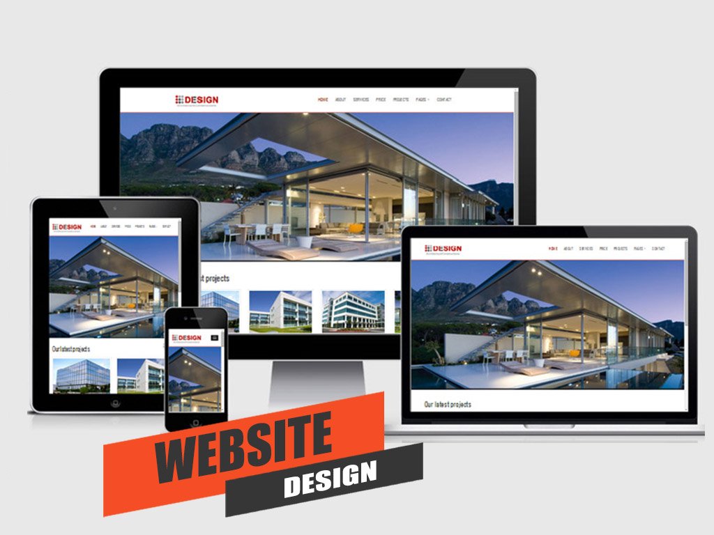 Responsive website design displaying 3D architectural rendering across desktop tablet and mobile
