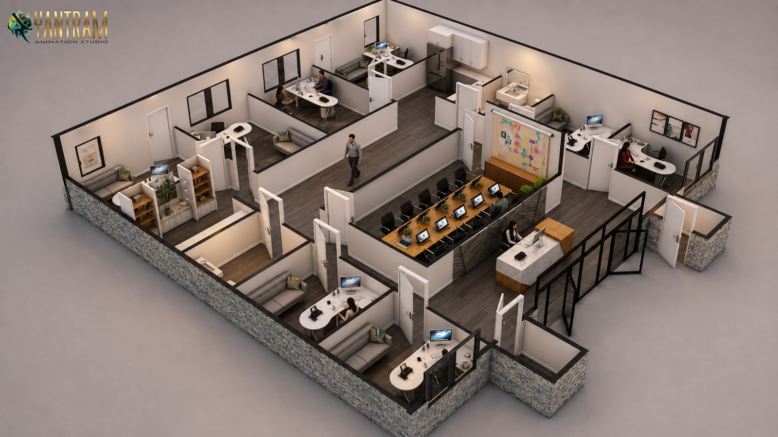 3D commercial office floor plan with workstations, meeting rooms and reception area, Boston