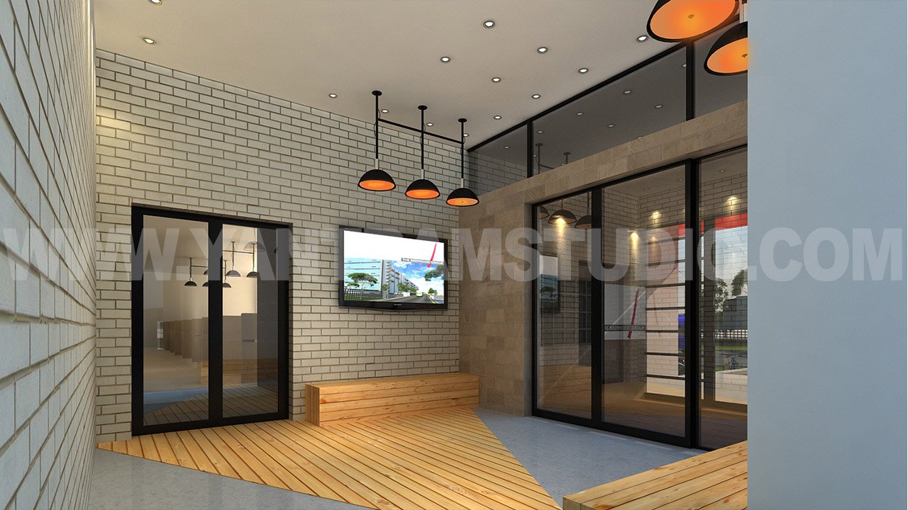 Photorealistic commercial lobby interior featuring white brick walls, black-framed glass doors, wooden bench seating, industrial-style pendant lights, recessed ceiling lighting, and a wall-mounted digital display.