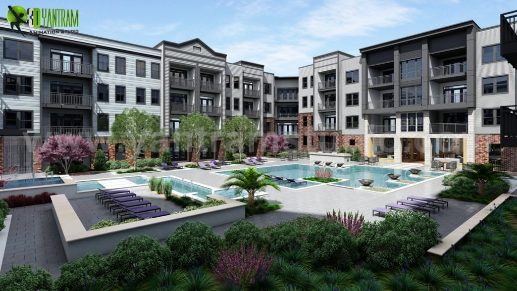 Modern Apartment Courtyard with Pool – 3D Residential Rendering 3D architectural rendering of a modern apartment courtyard with swimming pool, landscaped garden, lounge seating, and multi-story residential buildings.