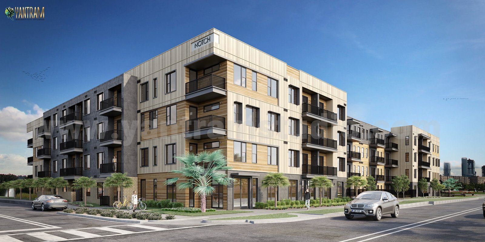 Modern low-rise apartment building with mixed stone and wood façade, corner balconies, ground-floor retail frontage, and landscaped streetscape. – 3D visualization by Yantram Studio