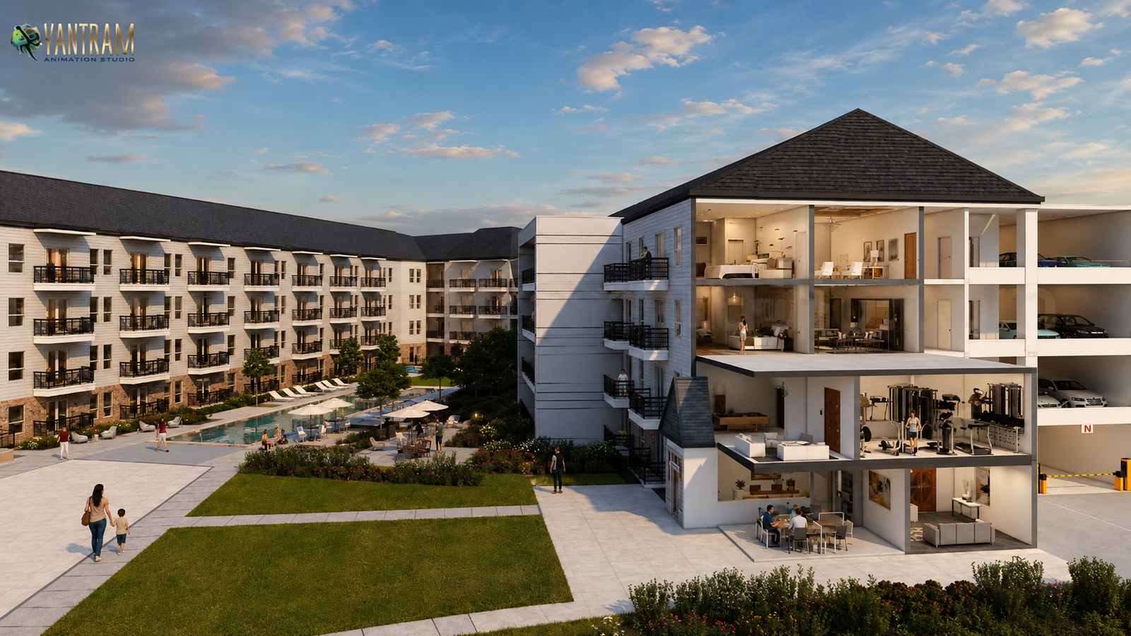 Front cut-section of a virtual interactive 3D floor plan design by an architectural animation studio.
