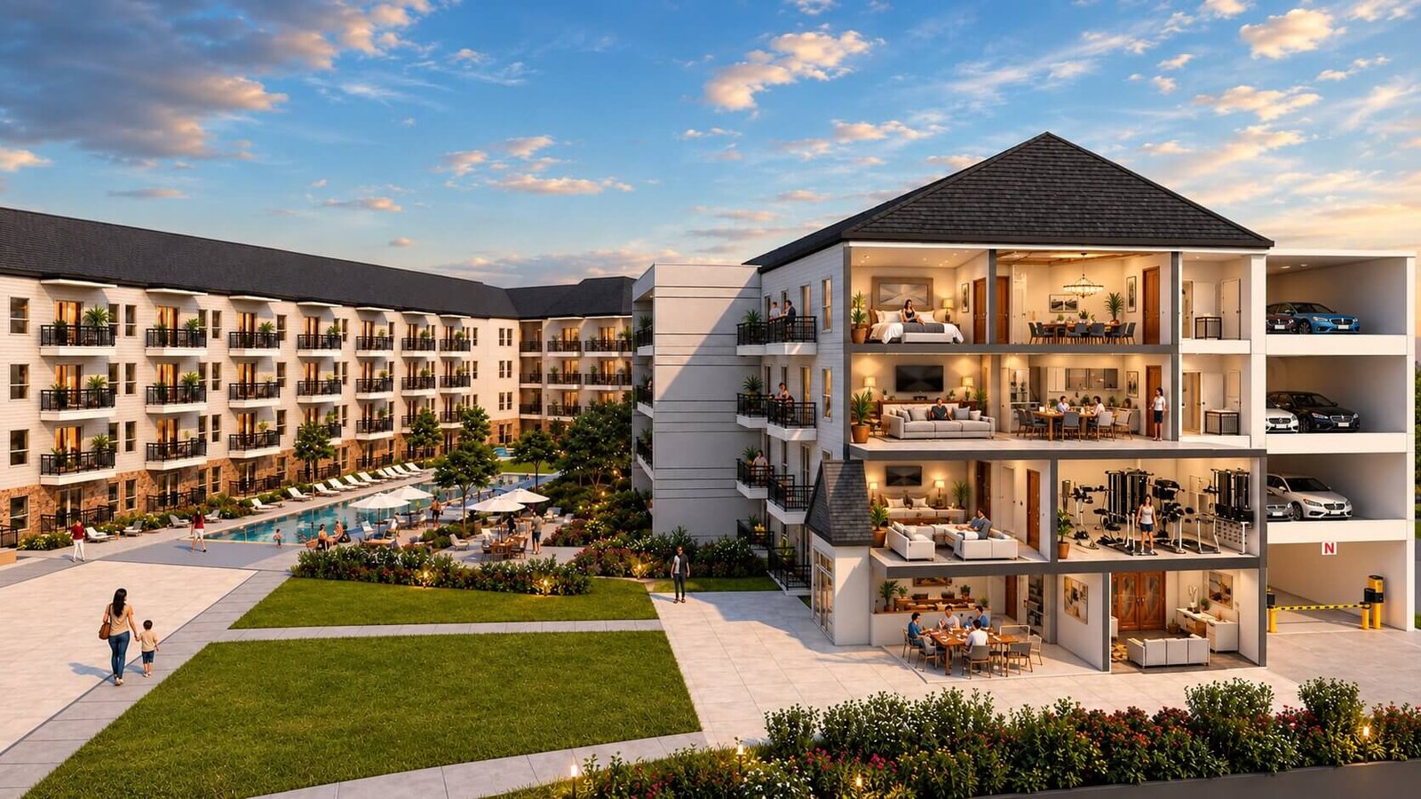 Front cut-section view of a virtual 3D floor plan — Mexico 3D Rendering Studio