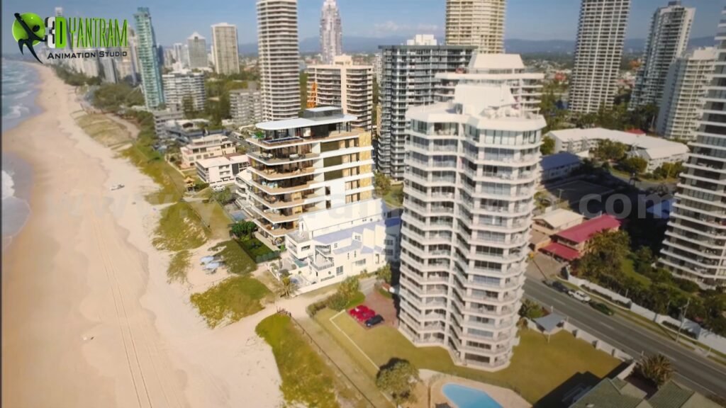 Beachfront high-rise residential buildings 3D rendering with ocean shoreline, modern towers, and coastal city skyline.