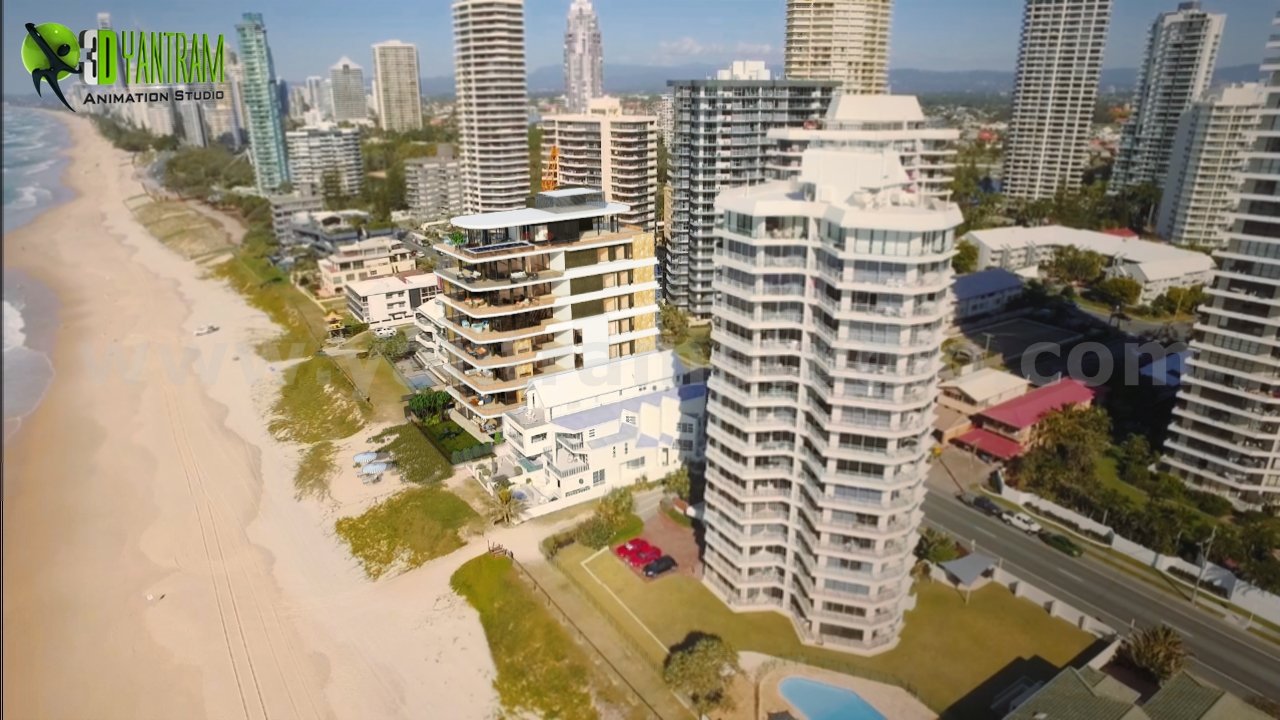 Beachfront high-rise residential buildings 3D rendering with ocean shoreline, modern towers, and coastal city skyline. – 3D rendering by Yantram Studio