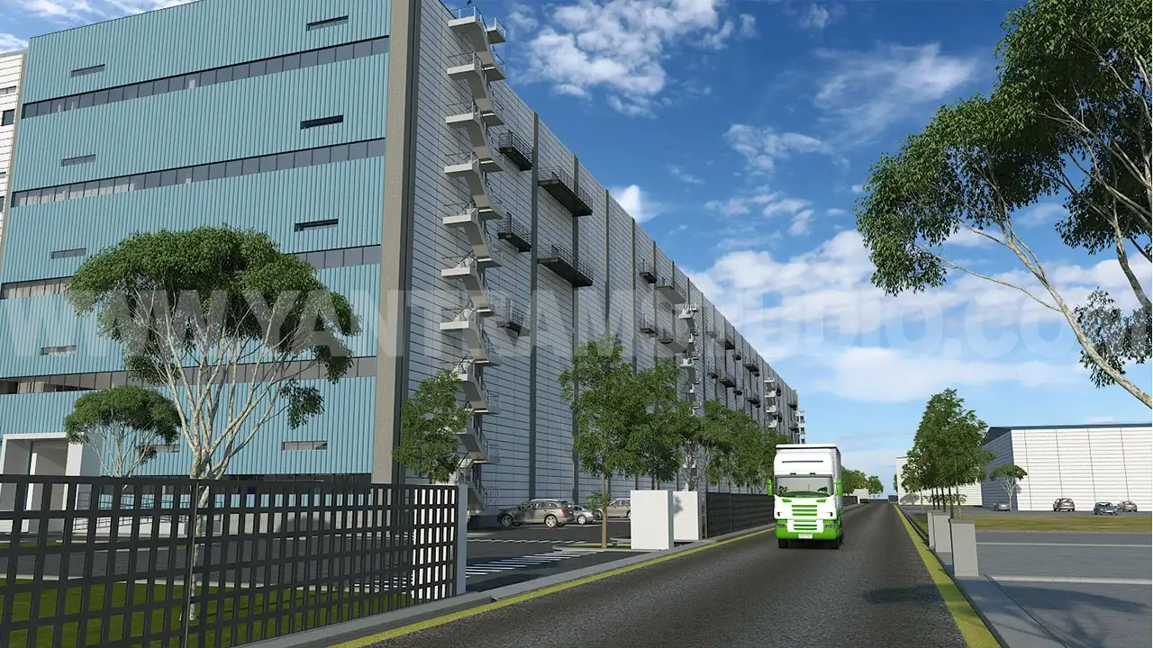 Street-level architectural visualization of a large modern warehouse with vertical metal panel façade, external stair cores, security gate entrance, delivery truck access road, and landscaped surroundings.