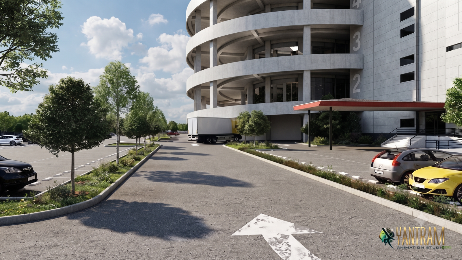 Modern building entrance with curved driveway, parking and decorative landscaping detail