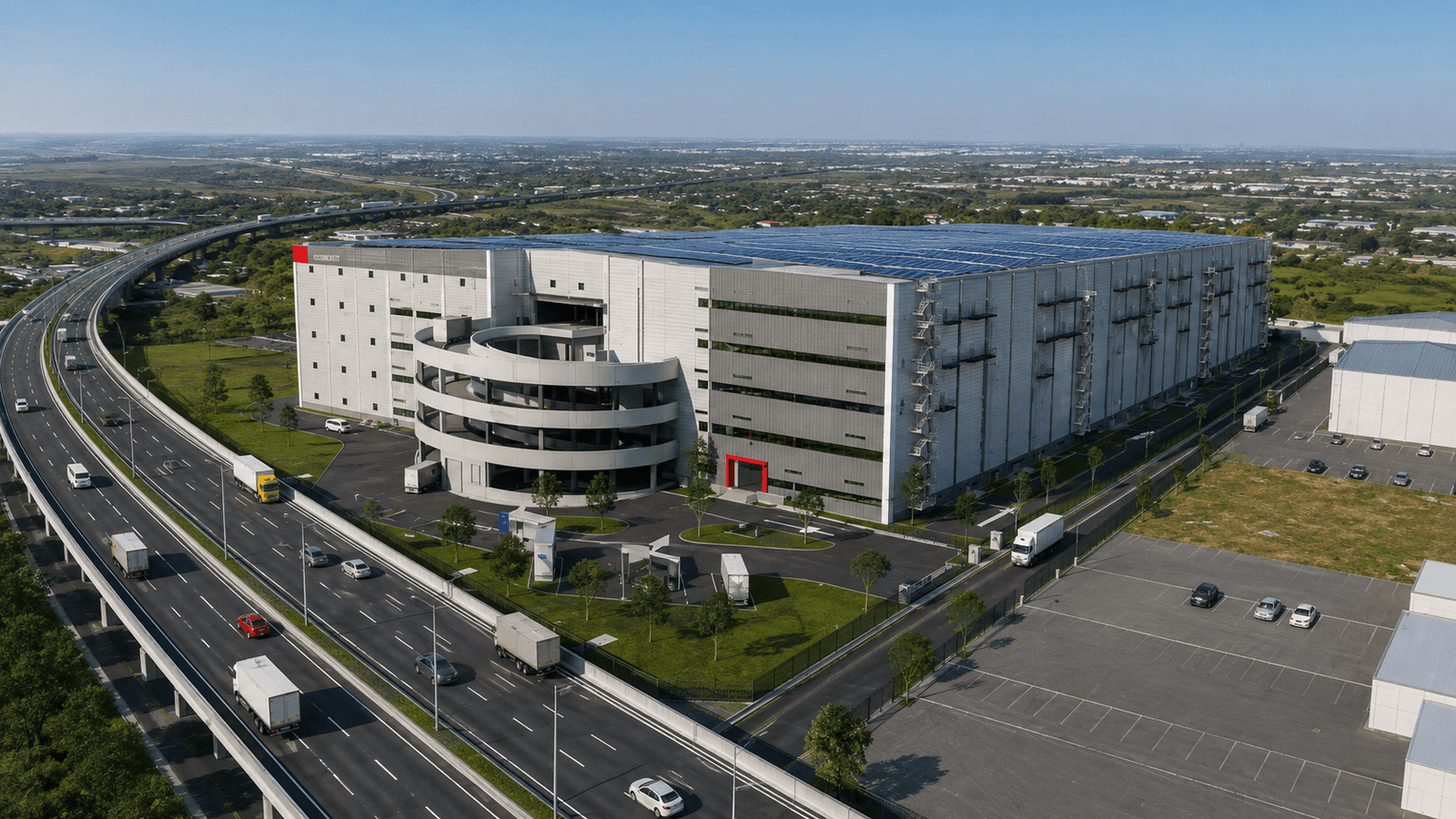 Aerial architectural visualization of a modern logistics and distribution warehouse near a highway, featuring rooftop solar panels, a curved glass office entrance, truck loading docks, surrounding roads, and landscaped site planning.