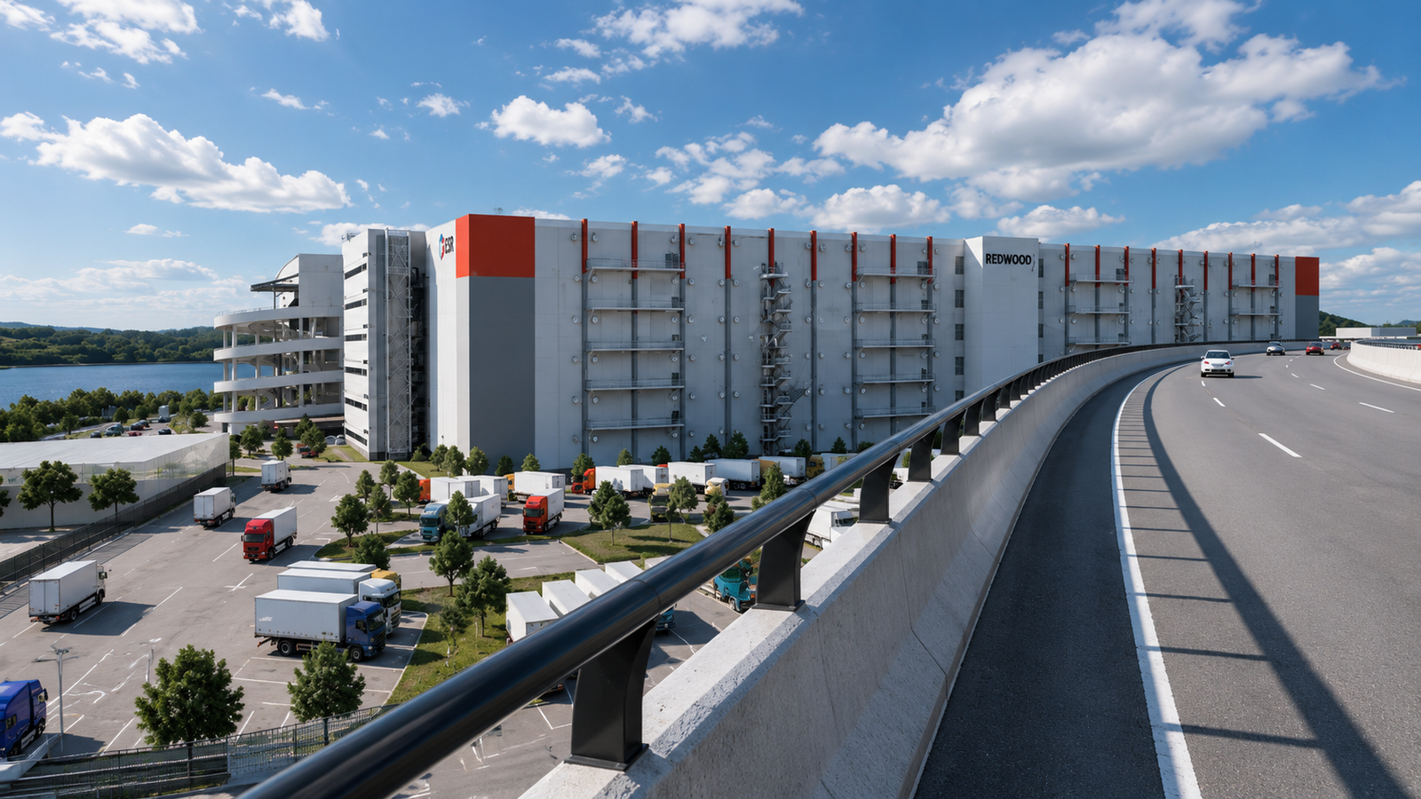Large warehouse structure viewed from elevated highway perspective with roadside trees