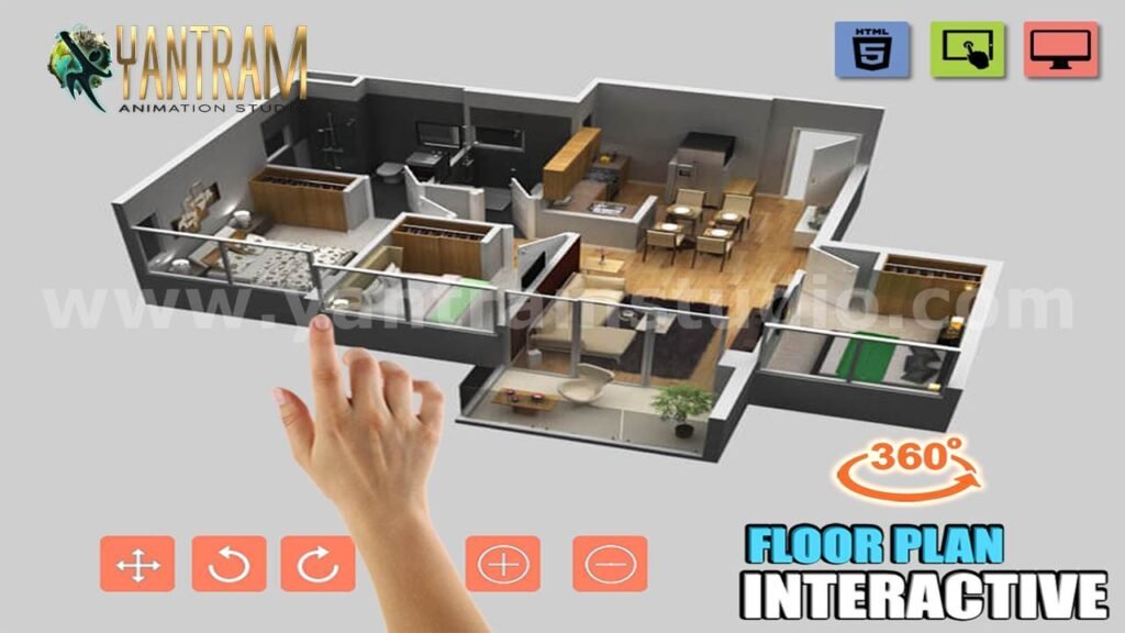 Interactive 360° 3D Floor Plan Visualization Interactive 360 degree 3D floor plan visualization with interior layout and touch-based navigation controls.
