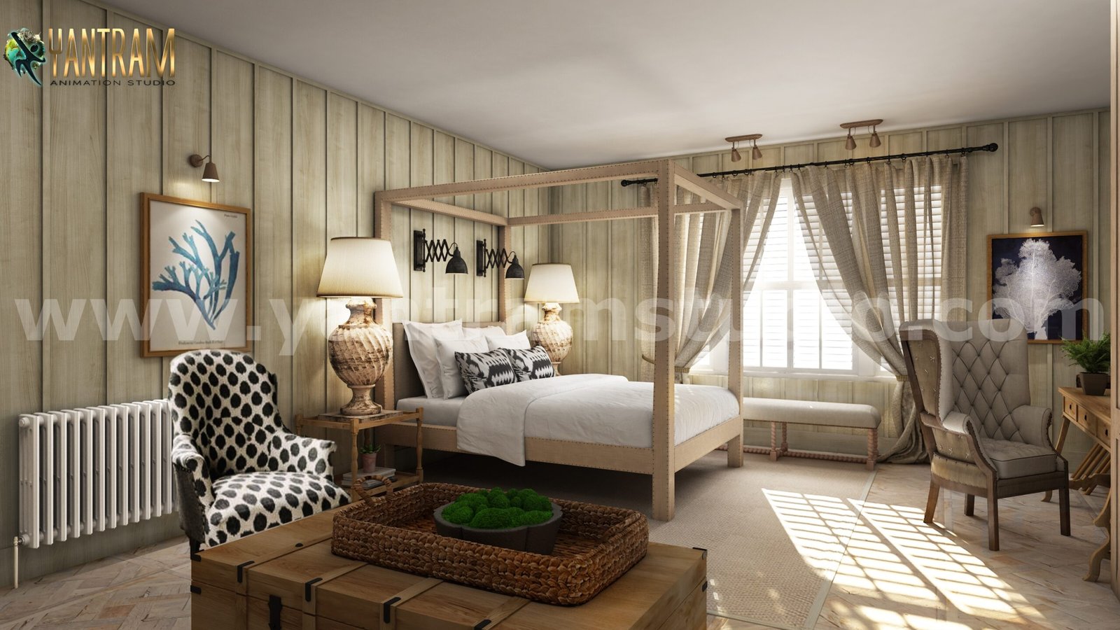 Luxury bedroom interior 3D rendering with canopy bed, wooden flooring, elegant furniture, and warm natural lighting. – 3D visualization by Yantram Studio