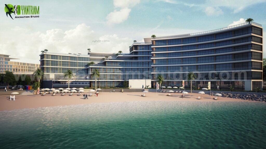 Luxury Beachfront Resort Exterior 3D Rendering Luxury beachfront resort exterior 3D rendering with modern hotel architecture, sandy beach, and oceanfront view.