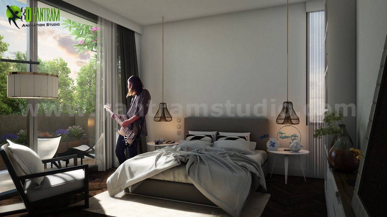 Modern bedroom interior 3D rendering with couple having pillow fight, contemporary furniture, and cozy lighting. – 3D architectural visualization by Yantram Studio