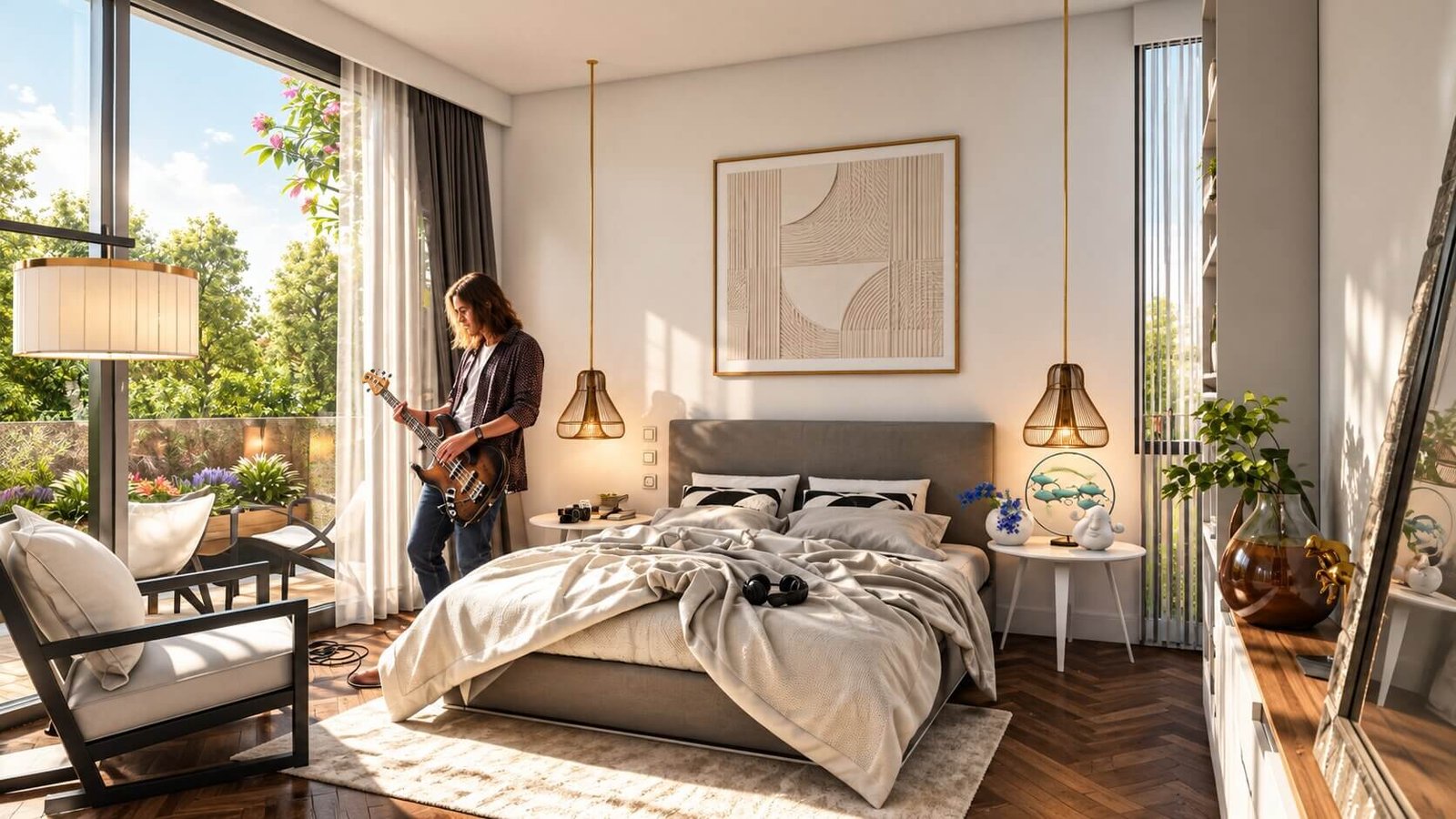 Modern bedroom interior 3D rendering with couple having pillow fight, contemporary furniture, and cozy lighting. – 3D architectural visualization by Yantram Studio