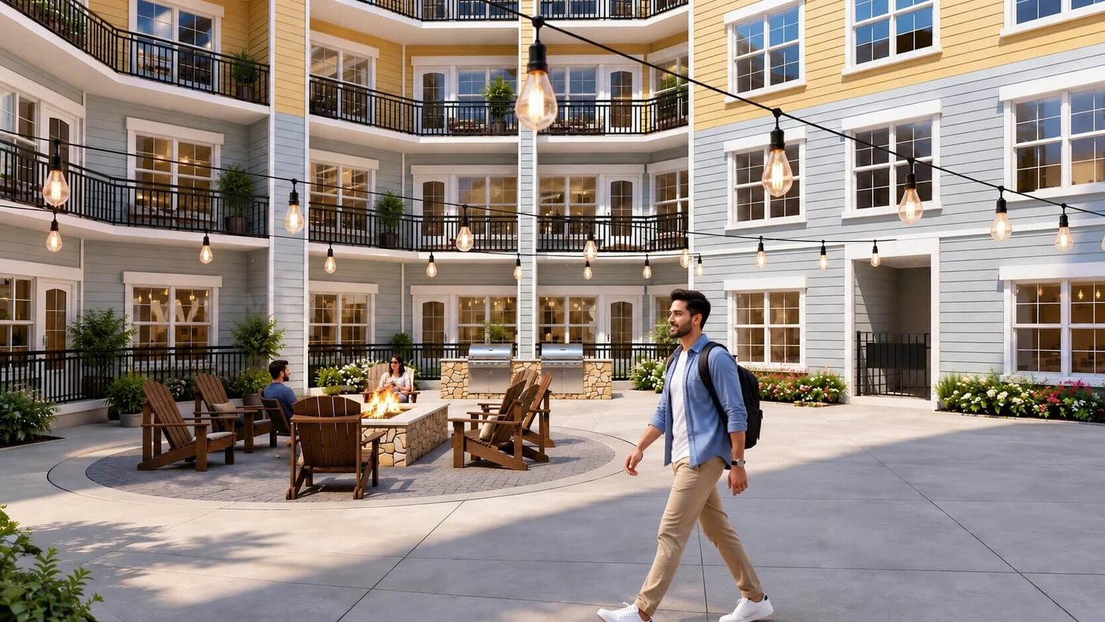 Modern residential courtyard with circular seating area, wooden outdoor chairs, string lights, and surrounding apartment balconies.