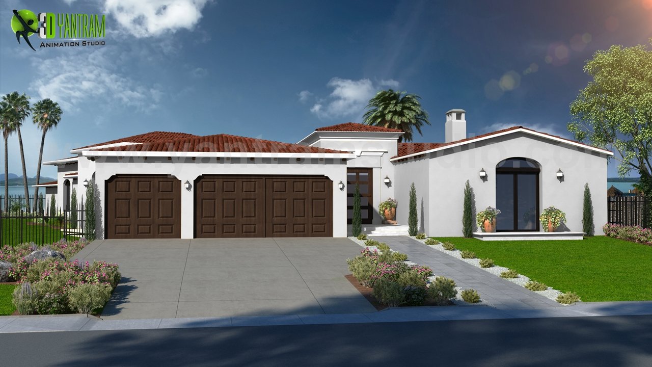3D interior rendering of modern beach house kitchen in Los Angeles with contemporary design and coastal views