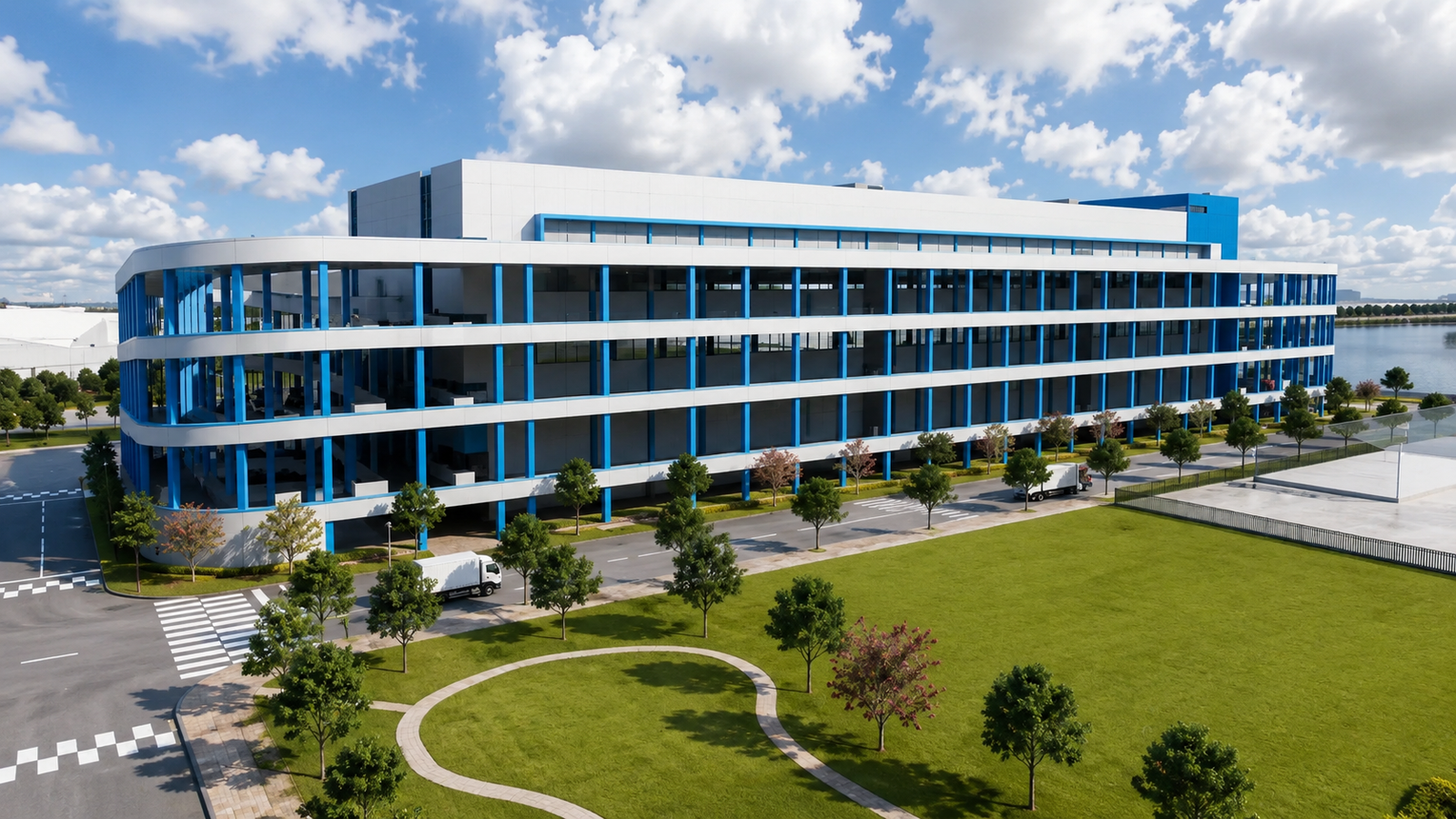 Modern multi-storey industrial logistics facility with curved glass facade and landscaped grounds