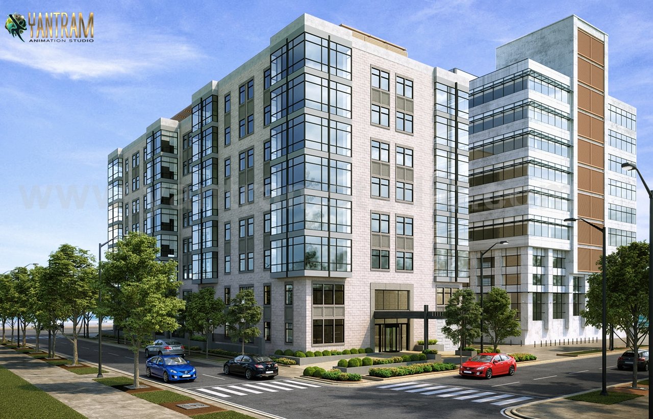 Modern mid-rise residential apartment building 3D rendering with glass facade, corner street view, and landscaped sidewalks. – 3D architectural visualization by Yantram Studio