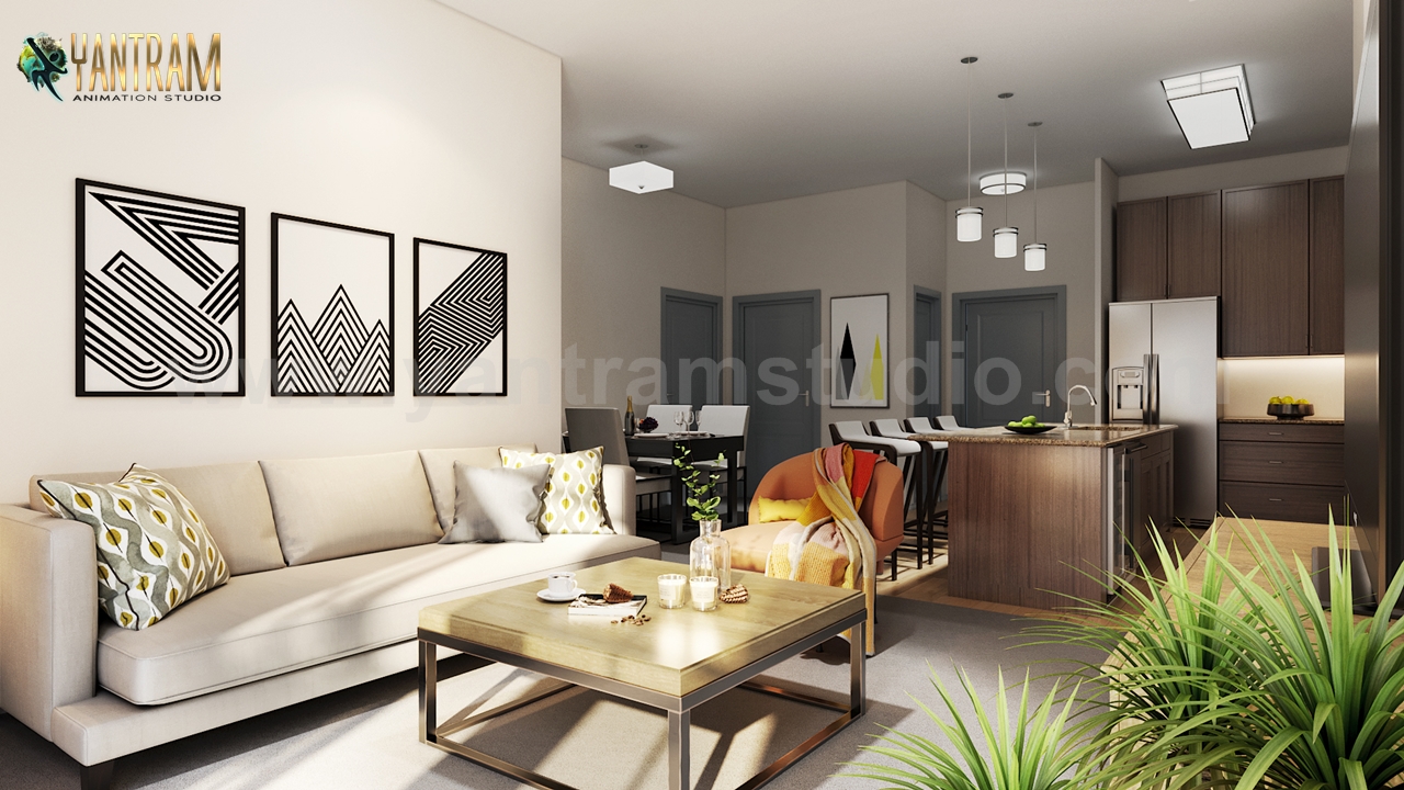 Modern Kitchen Living Room Combo & Decorative Bathroom 3D Interior Modeling Ideas by 3d Architectural Animation Studio, Bangkok – Thailand
