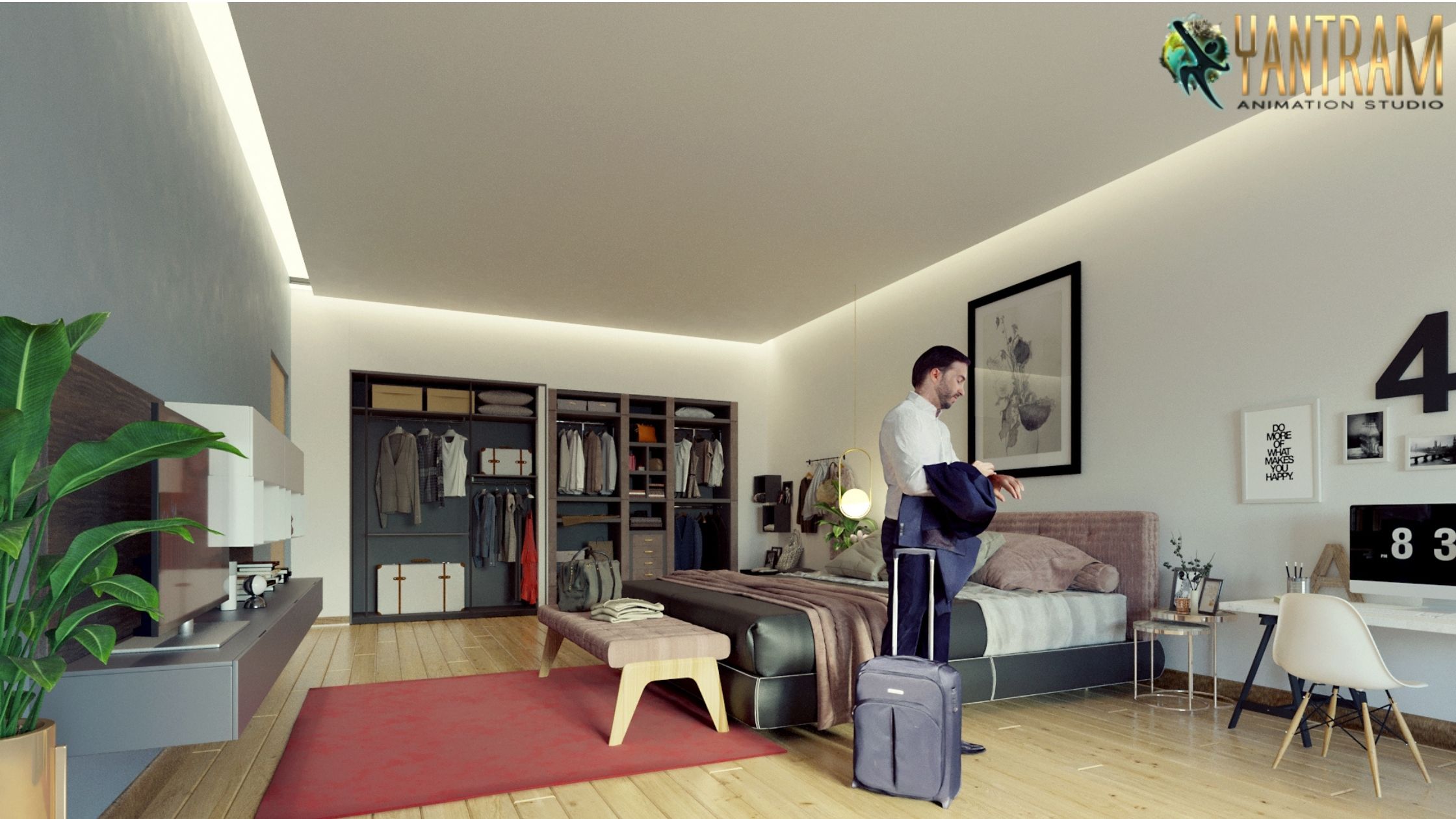 3d interior modeling of Master bedroom concept by Yantram residential interior design studio Austin, Texas