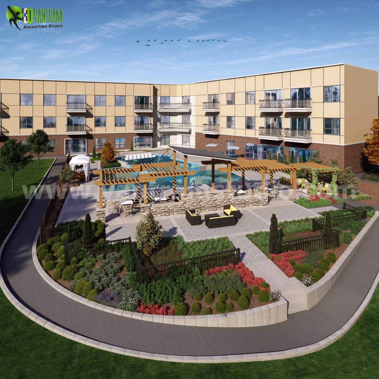Residential Apartment’s Common Pool View by Yantram Architectural Rendering Service – Texas, USA