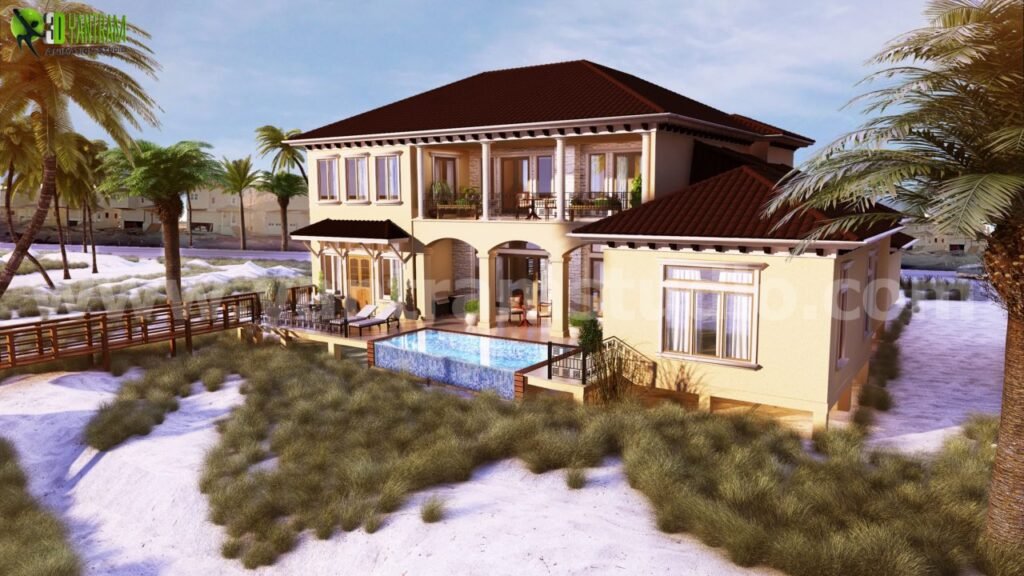 Luxury seaside villa exterior 3D rendering with private pool, palm trees, and coastal landscape.