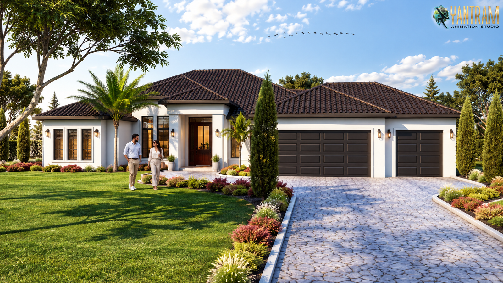 Contemporary single-story suburban villa with tiled roof, double garage, landscaped driveway, palm trees, and manicured lawn.