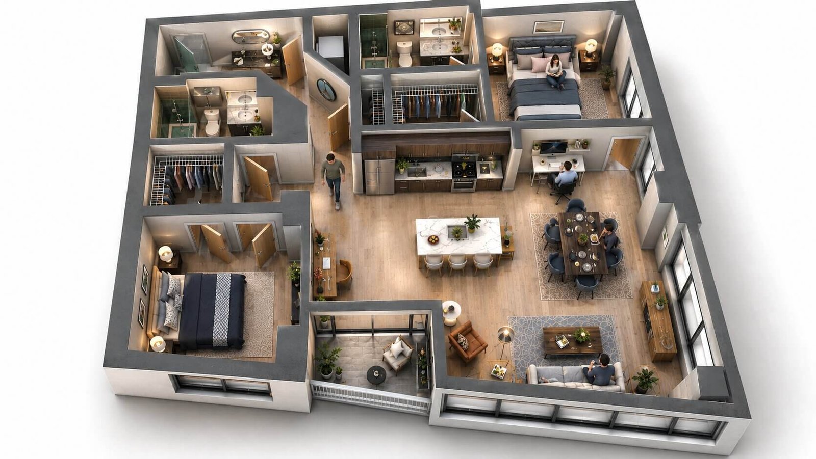 3D rendering of a residential apartment unit with living and dining areas.