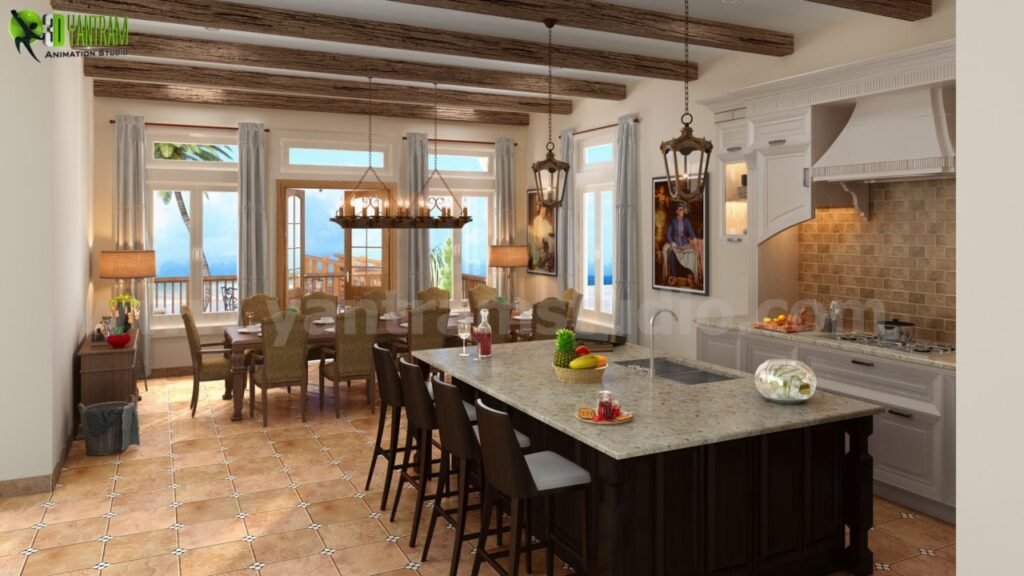 Coastal-style kitchen and dining area with wooden beams, large windows, and a central island.