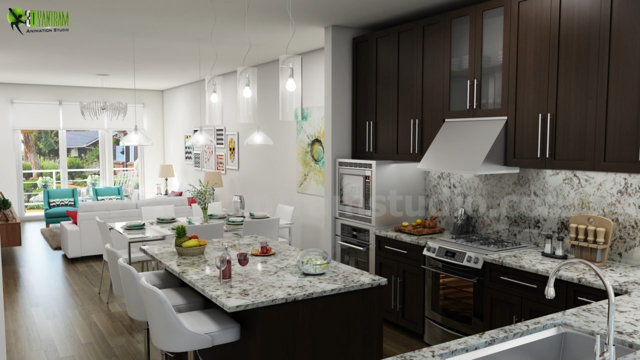 3D interior rendering of a modern open kitchen and dining area with marble countertops, pendant lighting, and contemporary living space design – 3D architectural visualization by Yantram Studio
