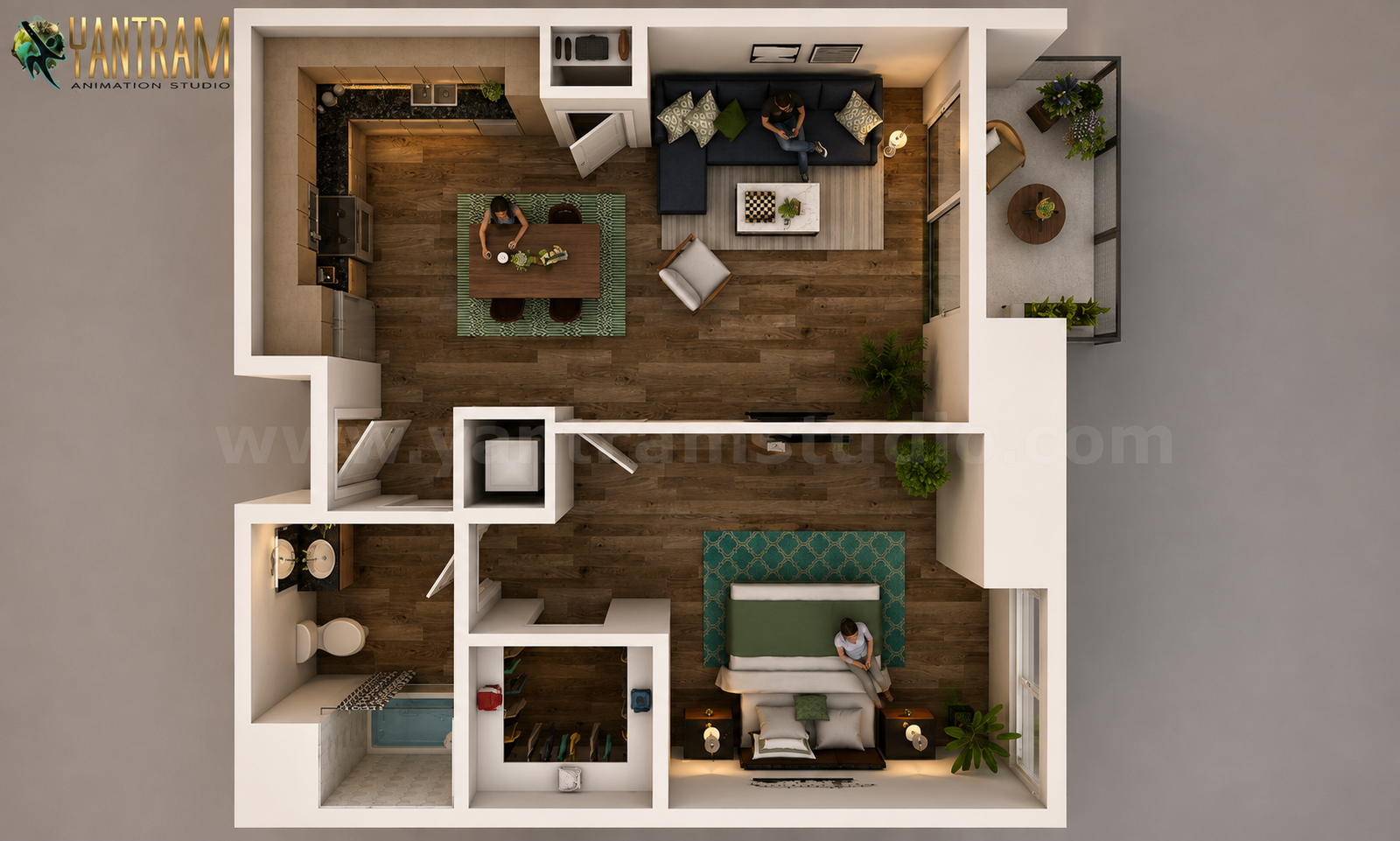 Residential one-bedroom apartment 3D floor plan design ideas, furnished top-view layout.