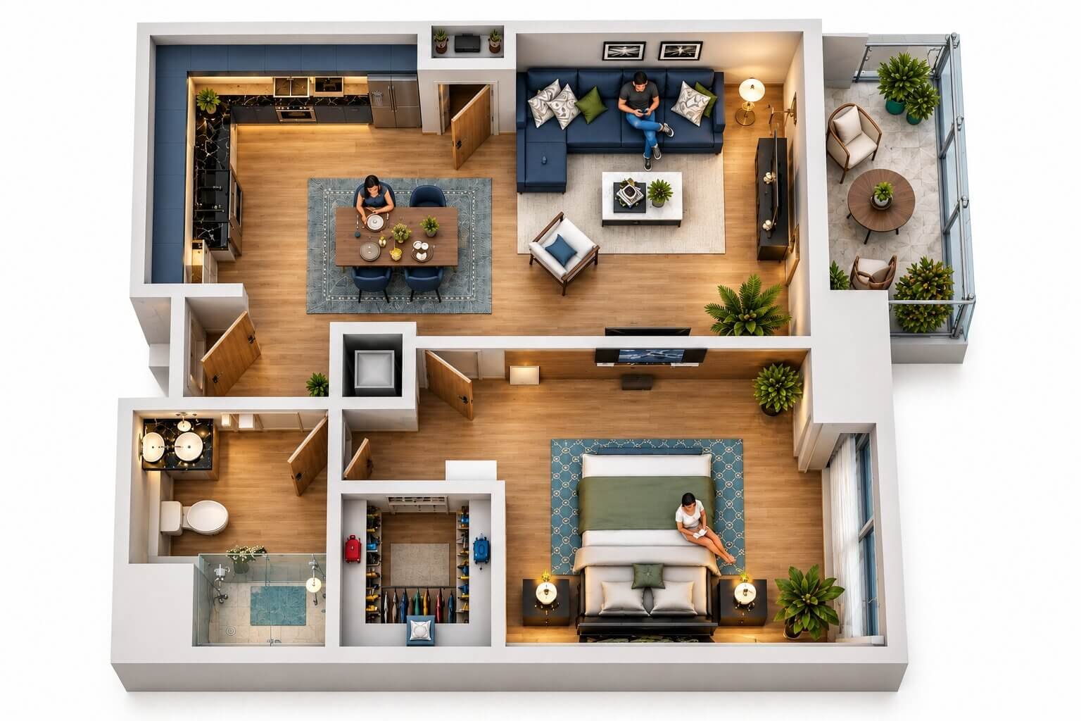 Isometric view of a one-bedroom apartment floor plan.