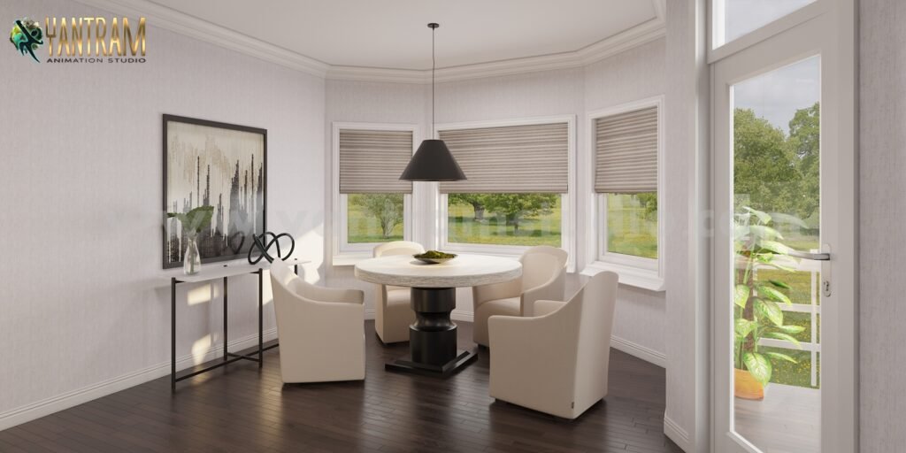 3D interior rendering of a small modern eating area with a round dining table, white upholstered chairs, pendant lighting, and large windows overlooking greenery.