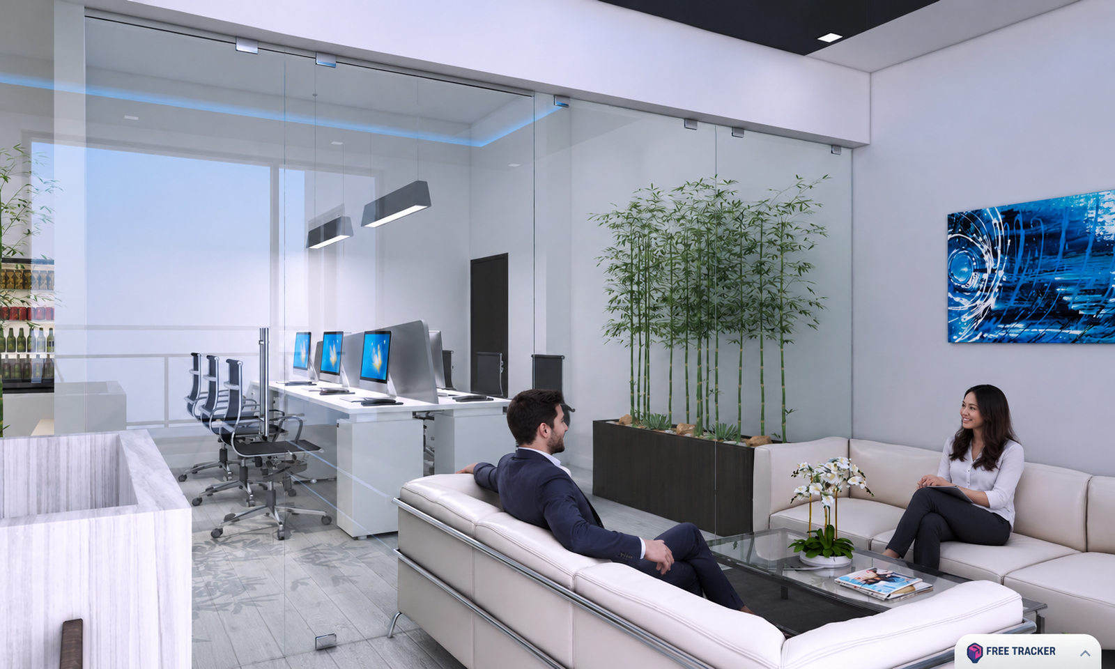 Interior view of a modern office with workstations