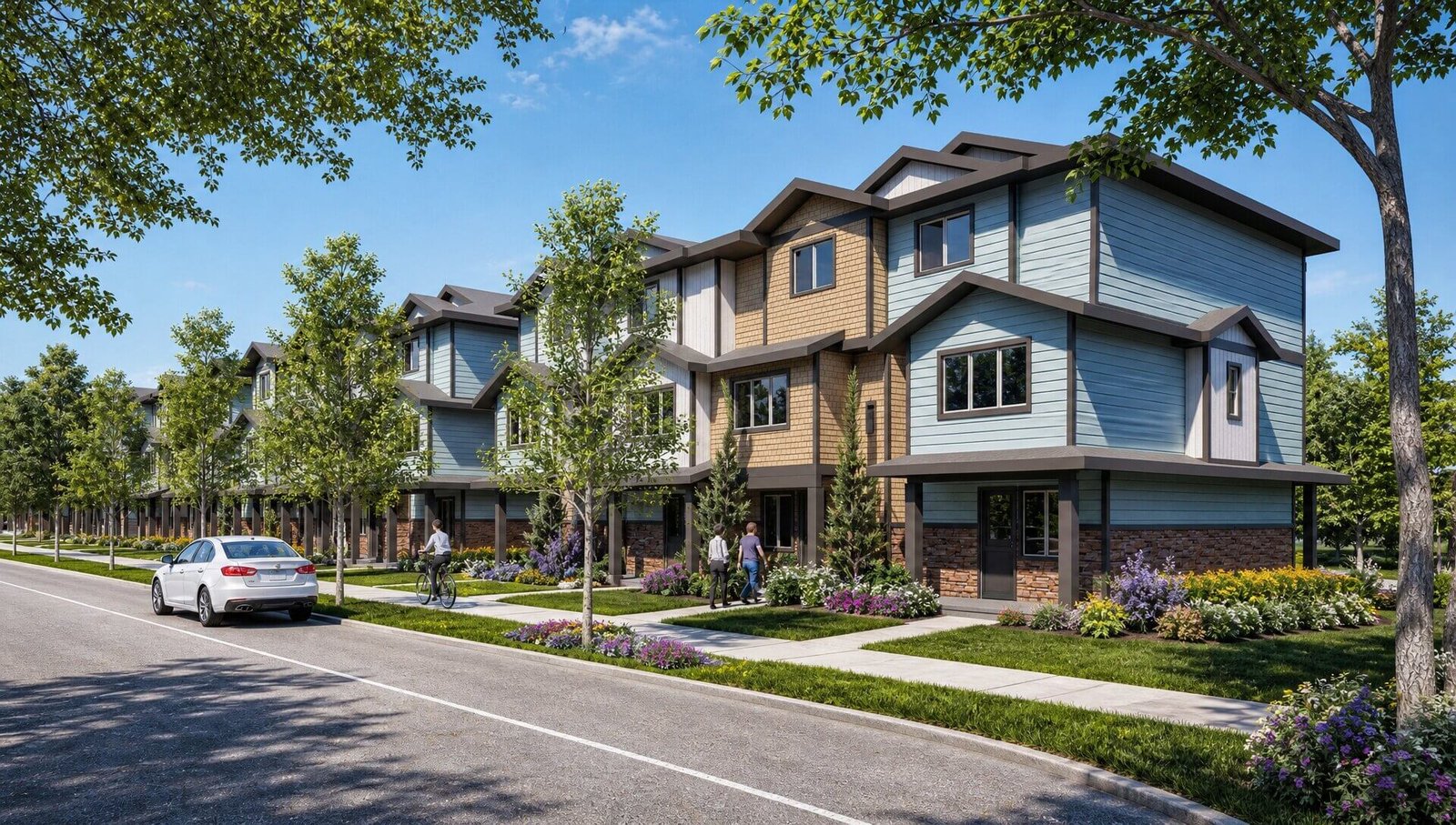 Street-view 3D exterior rendering of a residential villa with mature trees, driveway, and lakeside setting