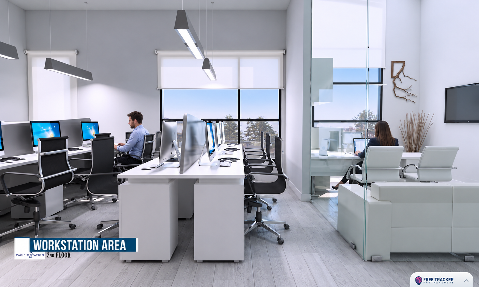 Workstation area with desks and modern lighting — Office Workstation Interior Design