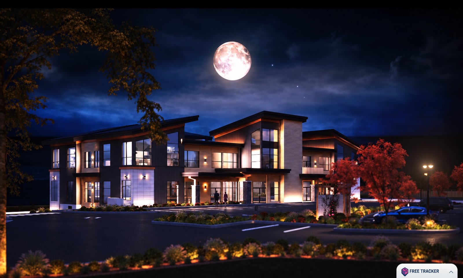 Exterior view of a modern office building at night