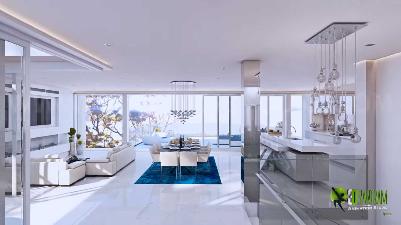 Interior rendering of modern open-plan living room and dining area — 3D Architectural Walkthrough Los Angeles