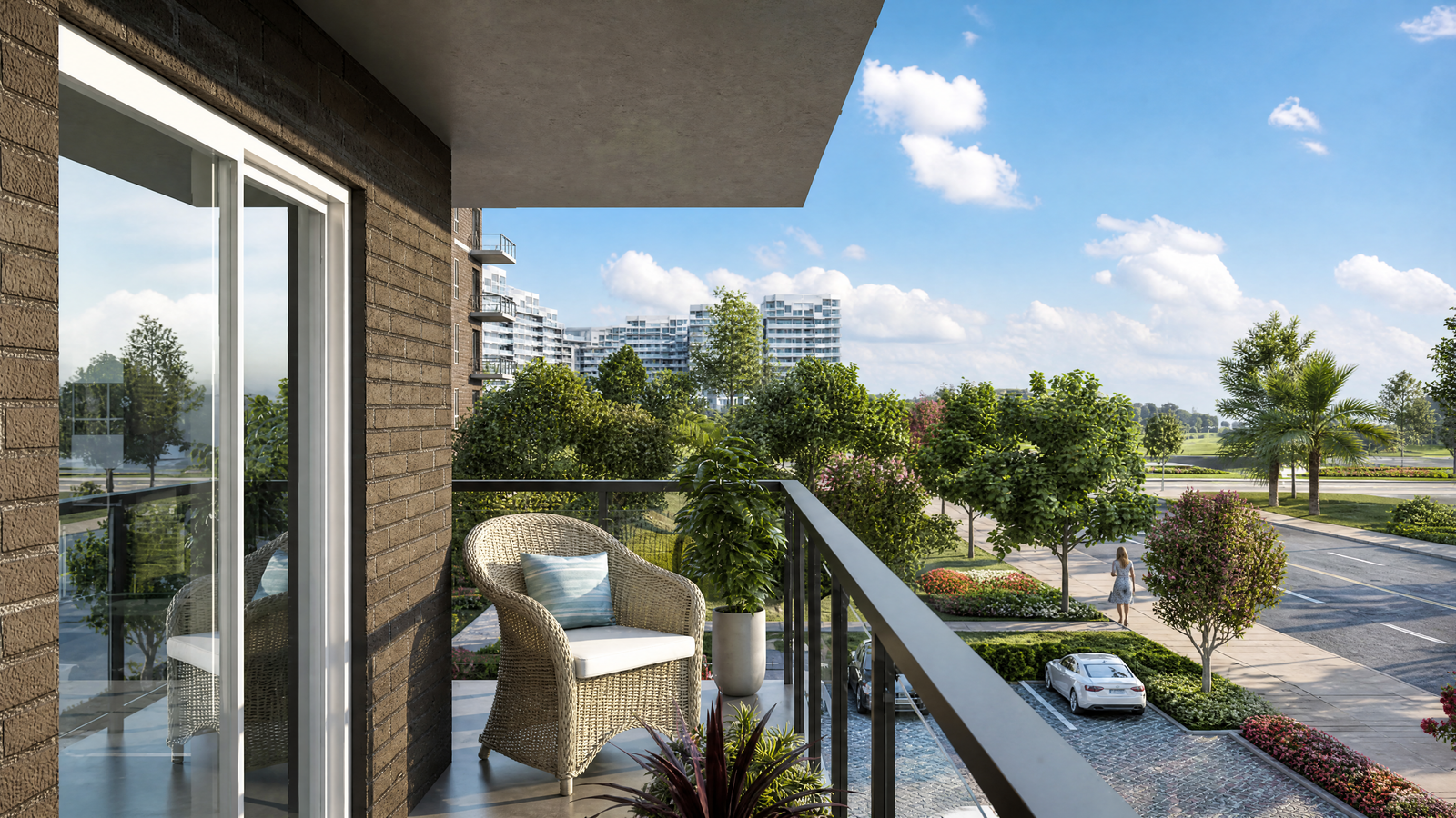 Balcony view render looking out onto green foliage and street parking — Pool View Apartment Visualization