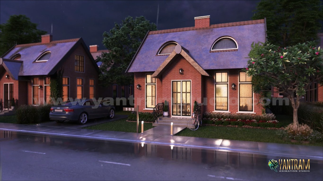 Realistic 3D rendering of a two-story suburban house with gabled roofs, garage, landscaped front yard, and soft evening lighting. – 3D visualization by Yantram Studio